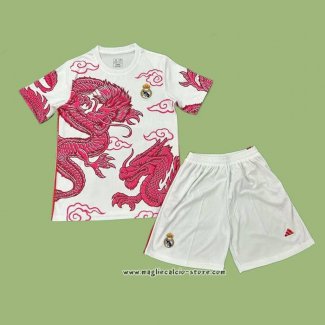 Maglia Real Madrid Dragon Bambino 2024 Bianco Rosso